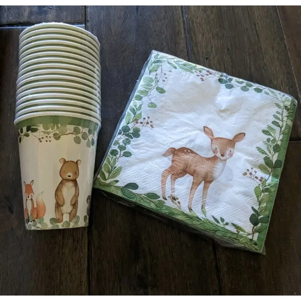 Kate Aspen Woodland Animals Baby Shower Birthday Cups Napkins Lot Set